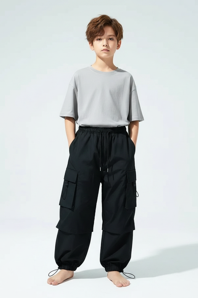 Pantalon Parachute Noir Cargo Ample Enfant Streetwear - Polyester