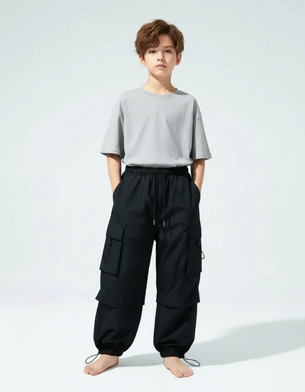 Pantalon Parachute Noir Cargo Ample Enfant Streetwear - Polyester