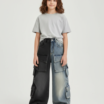 Pantalon Parachute Bicolore Denim Cargo Ample Enfant - Multicolore Jean