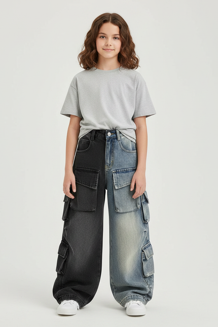 Pantalon Parachute Bicolore Denim Cargo Ample Enfant - Multicolore Jean