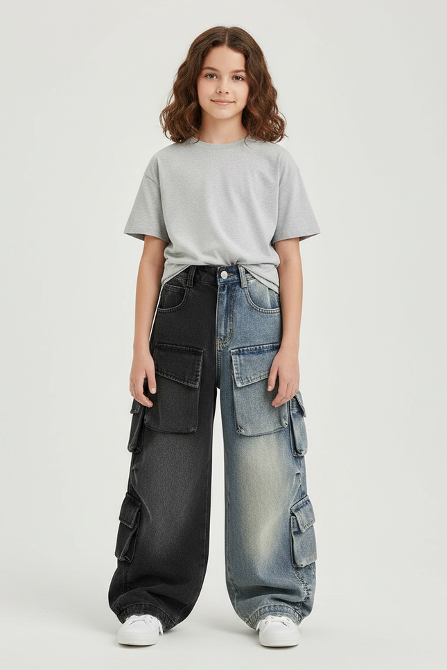 Pantalon Parachute Bicolore Denim Cargo Ample Enfant - Multicolore Jean