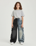 Pantalon Parachute Bicolore Denim Cargo Ample Enfant - Multicolore Jean