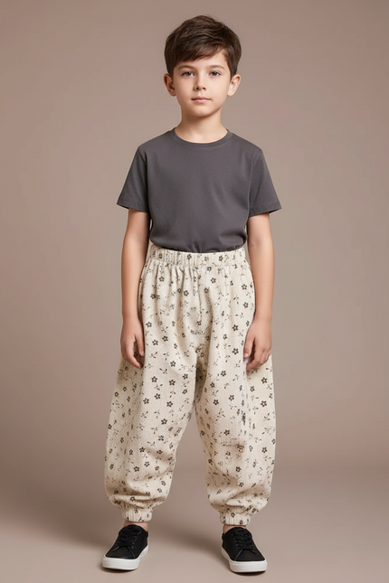 Pantalon Parachute Beige Côtelé Fleuri Ample Enfant - Cordé