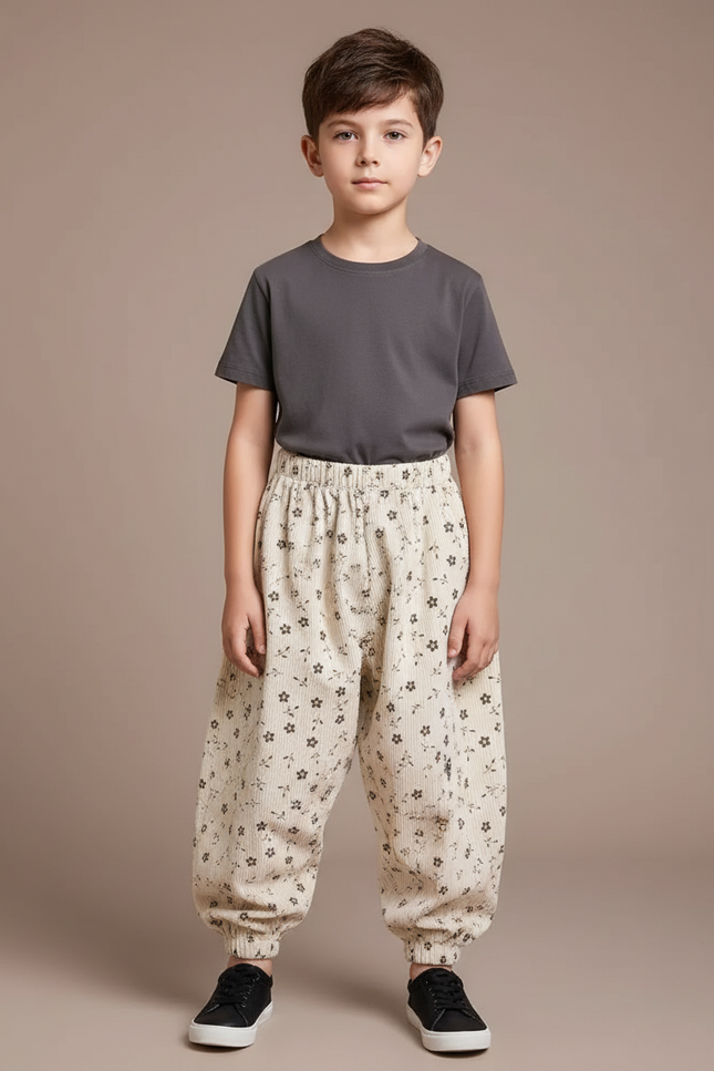 Pantalon Parachute Beige Côtelé Fleuri Ample Enfant - Cordé