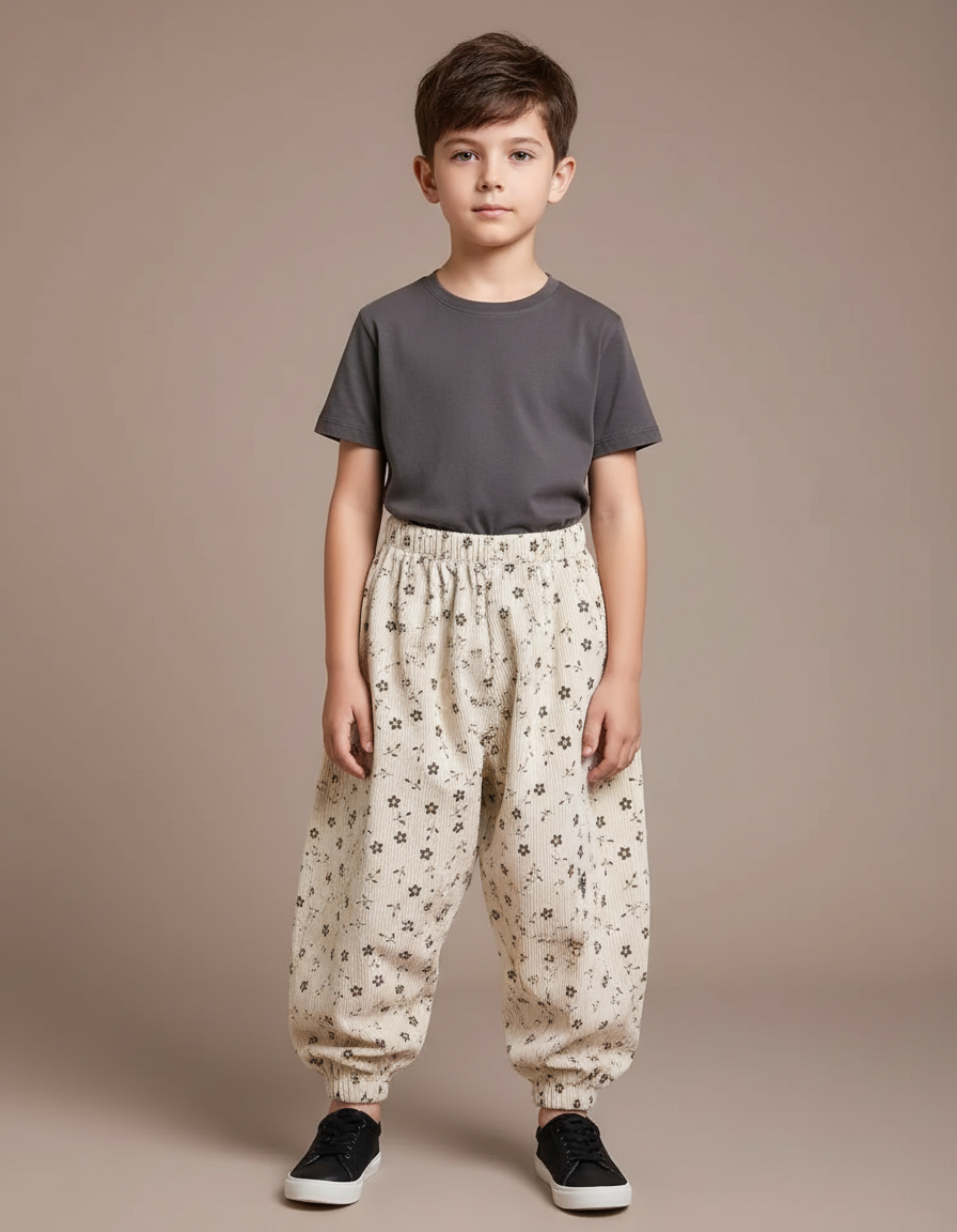 Pantalon Parachute Beige Côtelé Fleuri Ample Enfant - Cordé