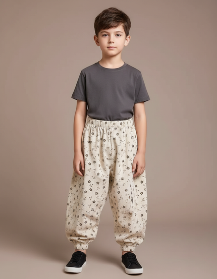 Pantalon Parachute Beige Côtelé Fleuri Ample Enfant - Cordé