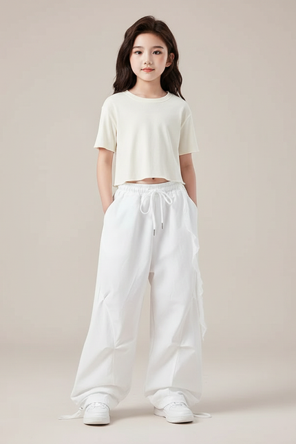 Pantalon Parachute Blanc Ample Décontracté Coton Fille