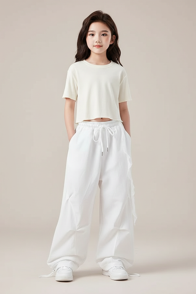 Pantalon Parachute Blanc Ample Décontracté Coton Fille