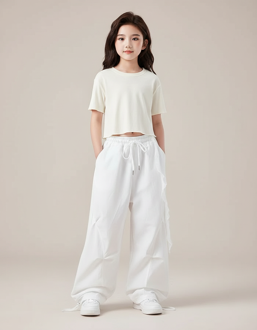 Pantalon Parachute Blanc Ample Décontracté Coton Fille