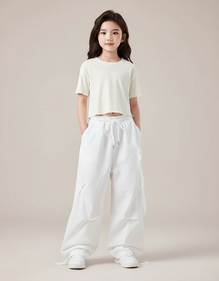 Pantalon Parachute Blanc Ample Décontracté Coton Fille