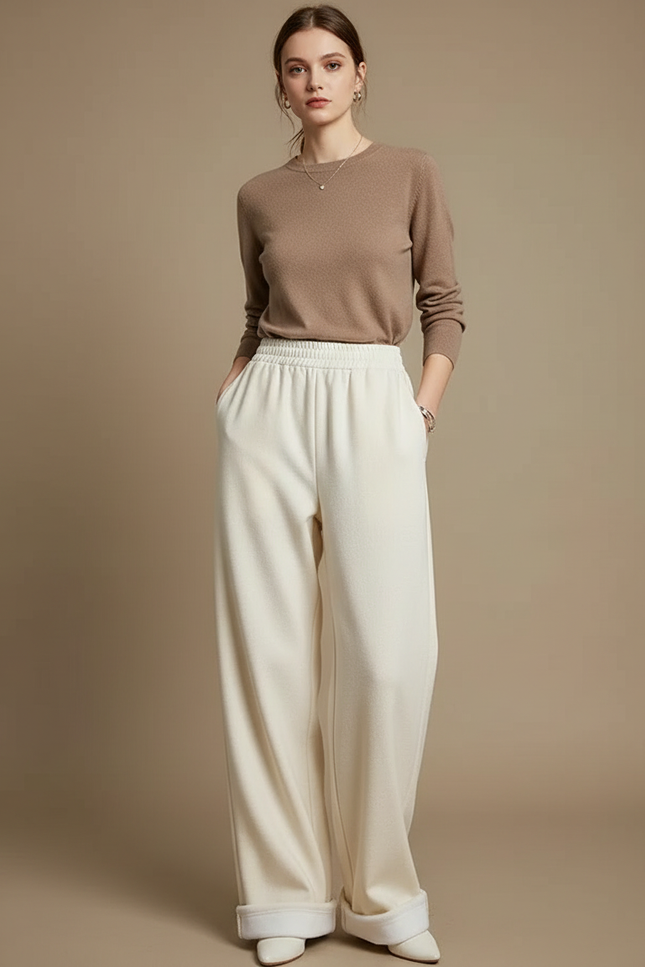 Pantalon Parachute Crème Laine Droit Ample Doux - Blanc Molleton