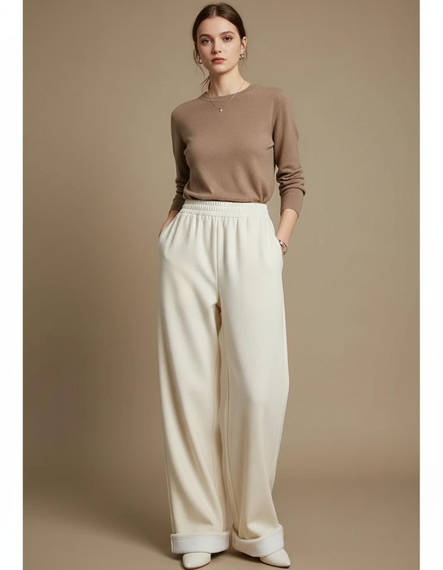 Pantalon Parachute Crème Laine Droit Ample Doux - Blanc Molleton