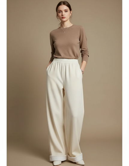 Pantalon Parachute Crème Laine Droit Ample Doux - Blanc Molleton