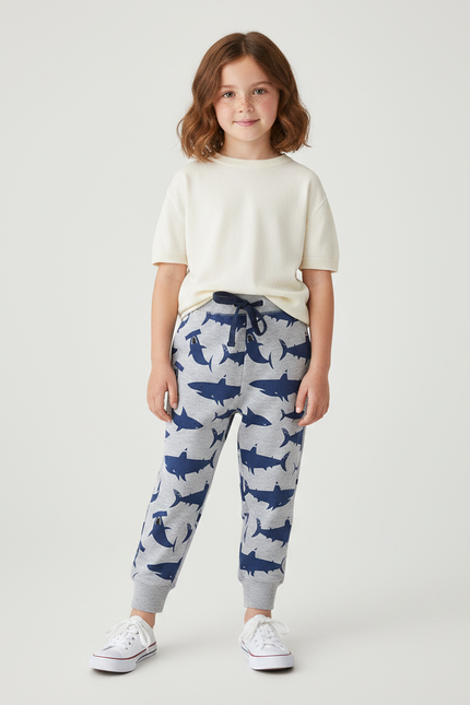 Pantalon Parachute Gris Imprimé Requins Coton Enfant - Molleton