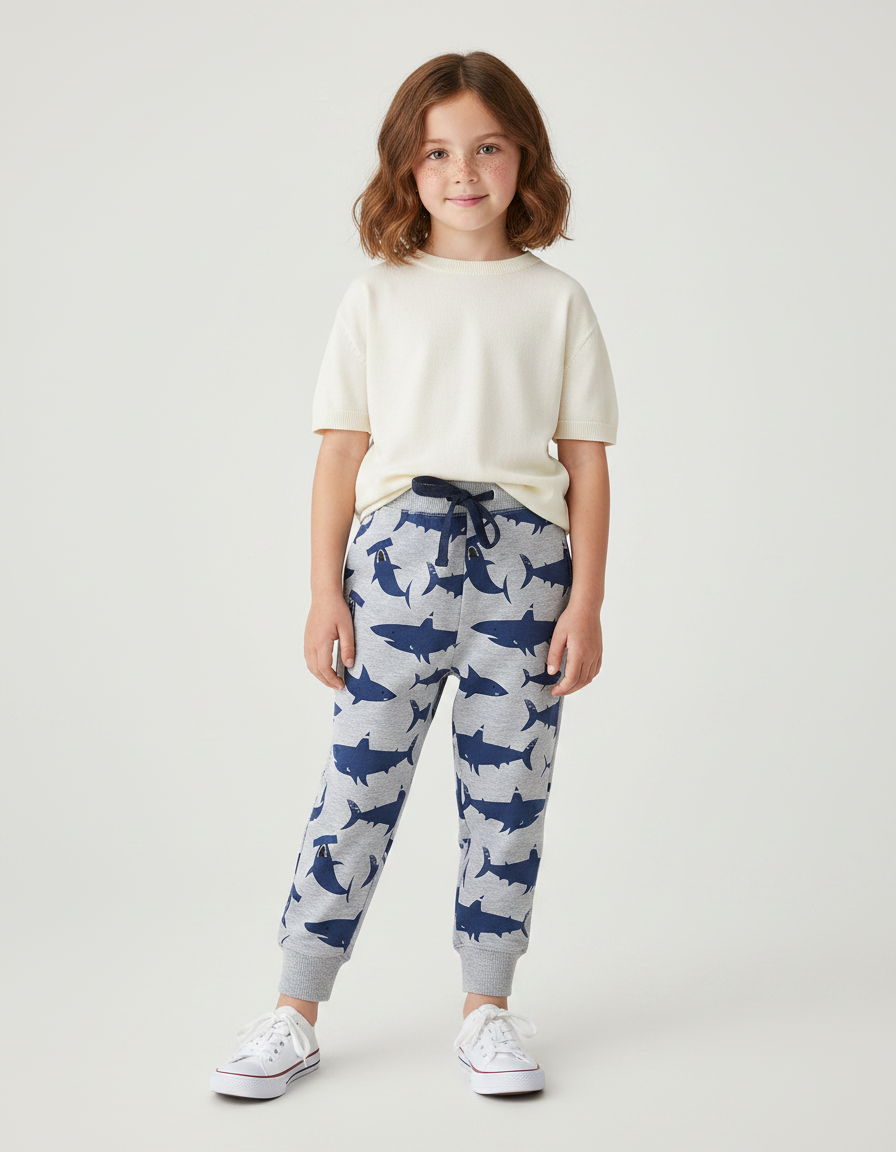 Pantalon Parachute Gris Imprimé Requins Coton Enfant - Molleton