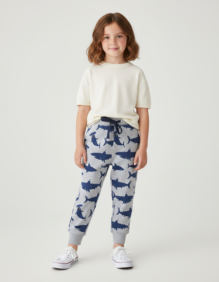Pantalon Parachute Gris Imprimé Requins Coton Enfant - Molleton