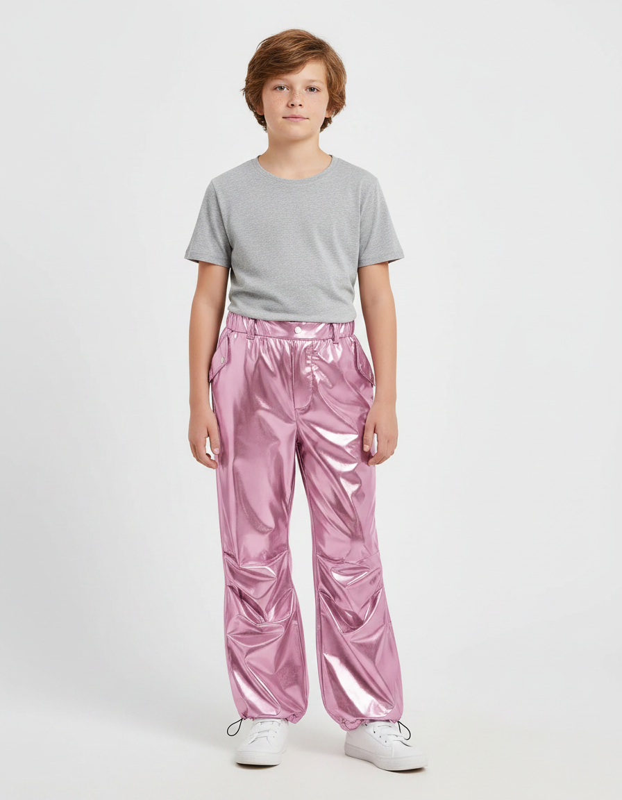 Pantalon Parachute Métallique Rose Ample Brillant Enfant - Polyester