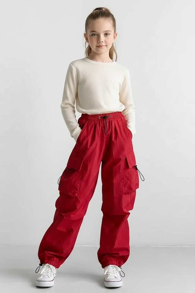 Pantalon Parachute Rouge Cargo Ample Fille Streetwear - Polyester