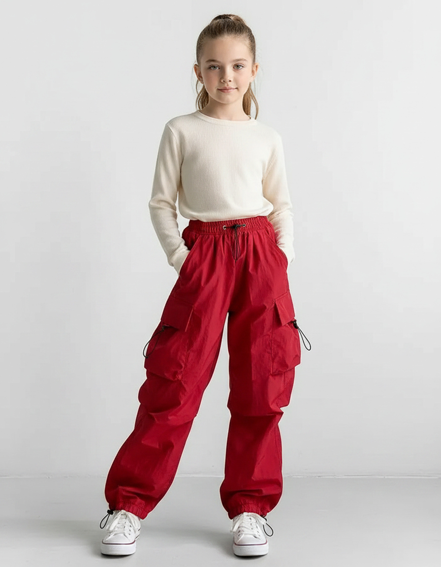 Pantalon Parachute Rouge Cargo Ample Fille Streetwear - Polyester