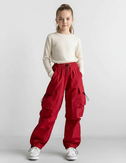 Pantalon Parachute Rouge Cargo Ample Fille Streetwear - Polyester