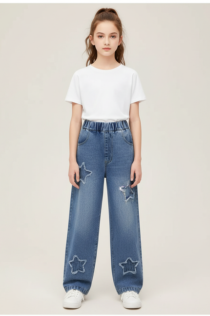 Pantalon Parachute Denim Étoiles Ample Fille Casual Jeans - Bleu