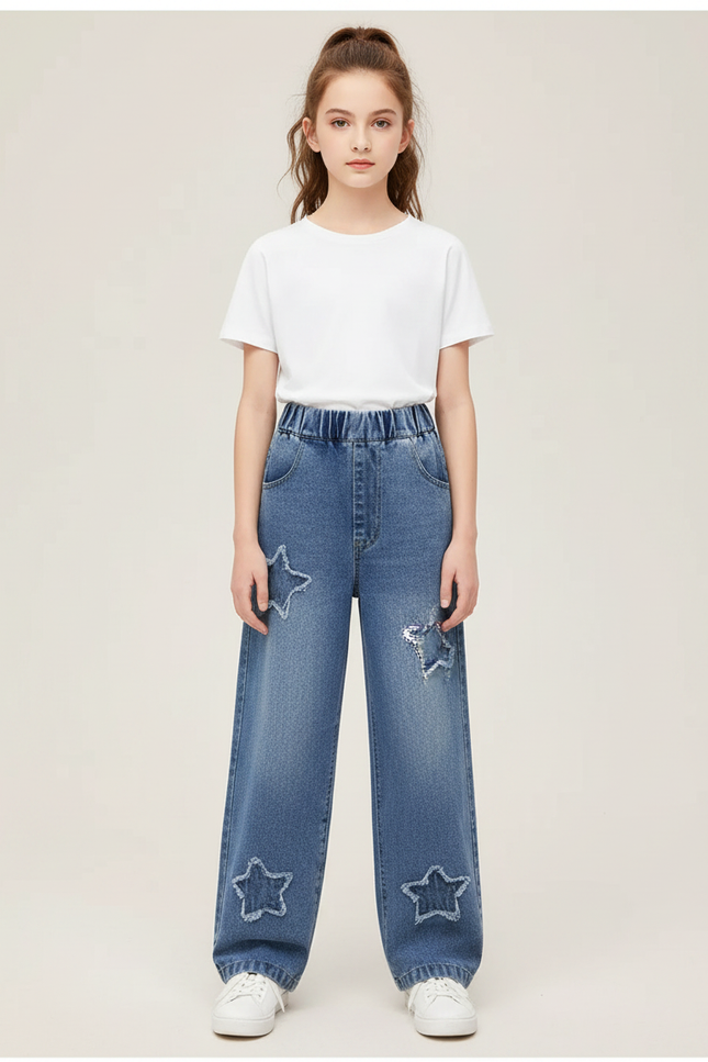 Pantalon Parachute Denim Étoiles Ample Fille Casual Jeans - Bleu