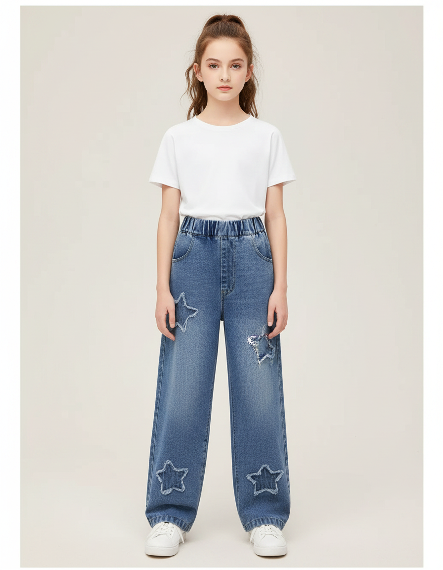 Pantalon Parachute Denim Étoiles Ample Fille Casual Jeans - Bleu