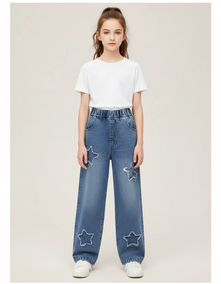 Pantalon Parachute Denim Étoiles Ample Fille Casual Jeans - Bleu