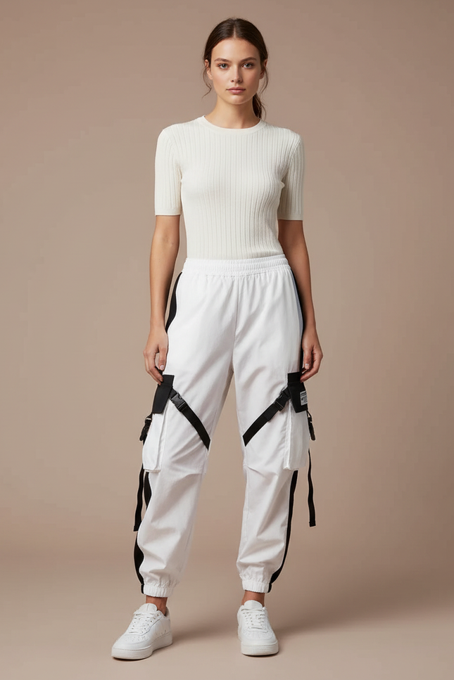 Pantalon Parachute Blanc Cargo Techwear Femme Streetwear - Polyester