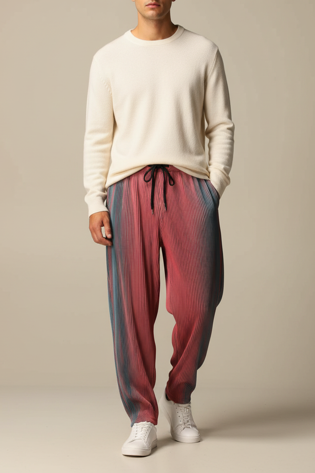 Pantalon Parachute Plissé Dégradé Ample Cordon Homme - Multicolore Polyester