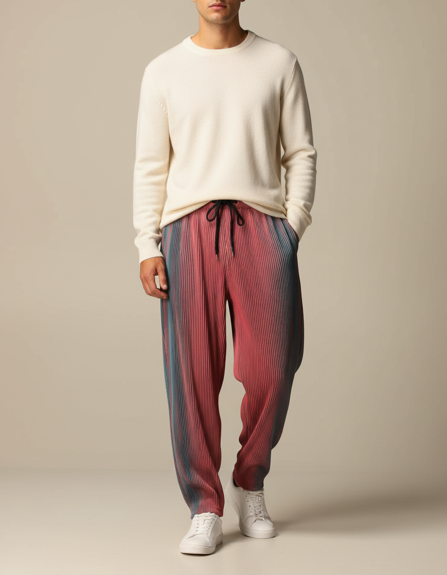 Pantalon Parachute Plissé Dégradé Ample Cordon Homme - Multicolore Polyester