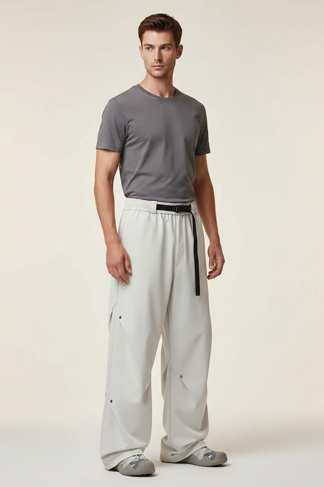 Pantalon Parachute Gris Clair Ample Ceinture Décontracté Homme - Polyester