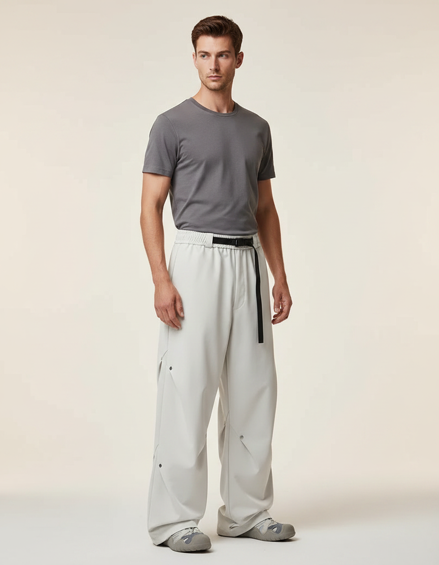 Pantalon Parachute Gris Clair Ample Ceinture Décontracté Homme - Polyester