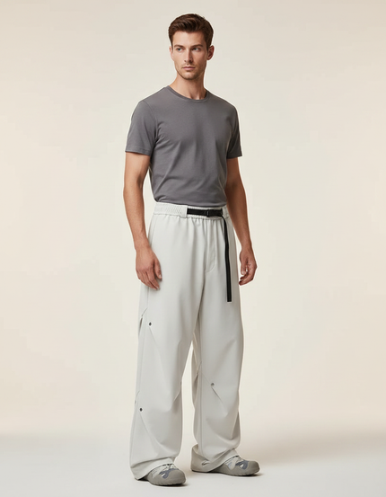 Pantalon Parachute Gris Clair Ample Ceinture Décontracté Homme - Polyester