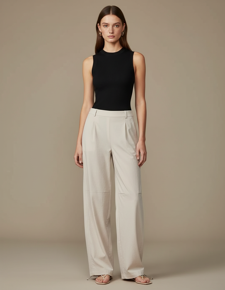 Pantalon Parachute Beige Ample Fluide Décontracté Femme - Toile