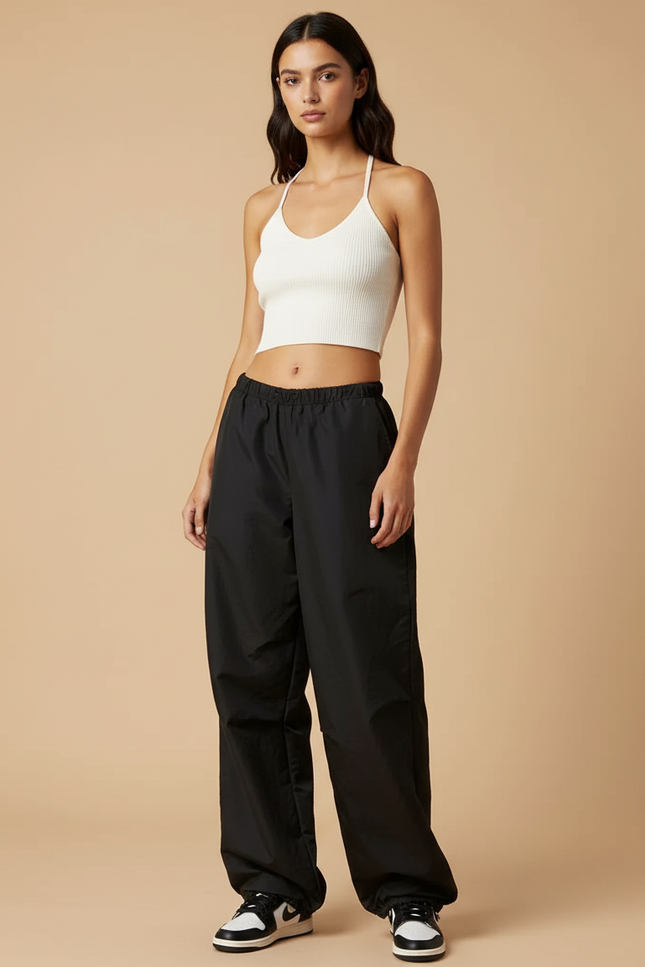 Pantalon Parachute Noir Ample Fluide Streetwear Cordon - Polyester
