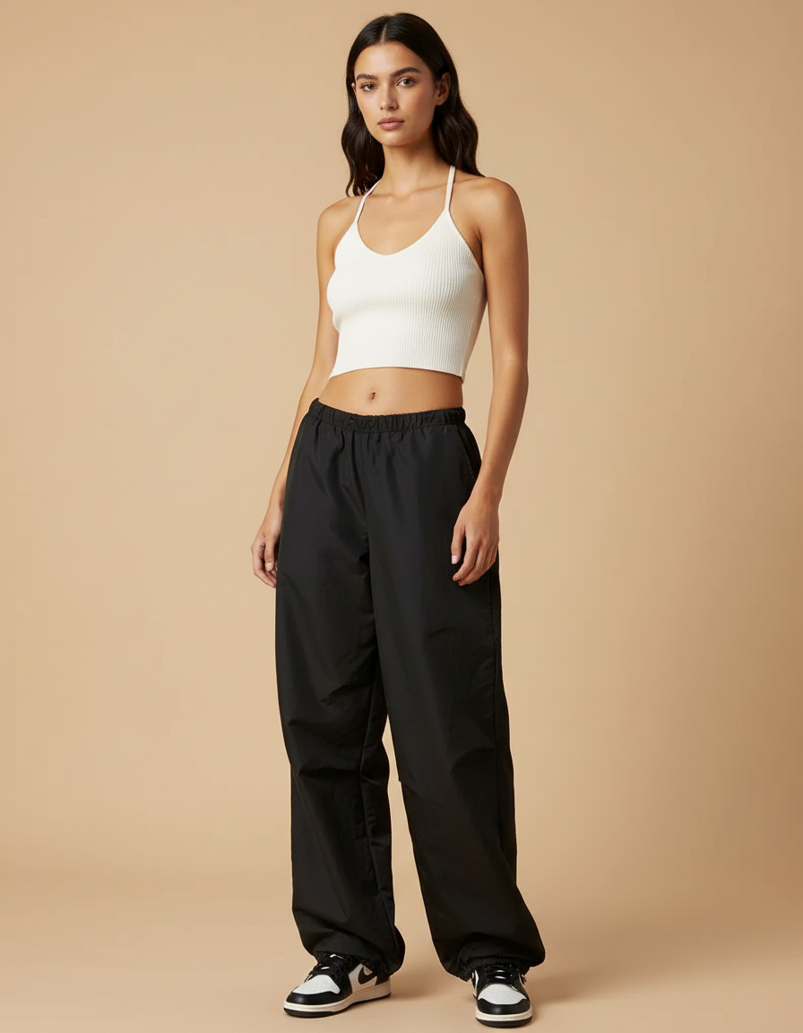 Pantalon Parachute Noir Ample Fluide Streetwear Cordon - Polyester