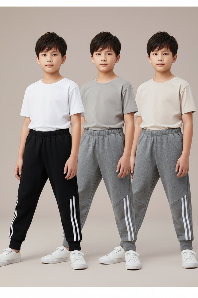 Pantalon Parachute Sportif Rayures Blanches Garçon Hiver - Gris Molleton