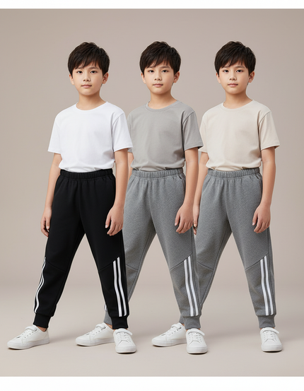 Pantalon Parachute Sportif Rayures Blanches Garçon Hiver - Gris Molleton