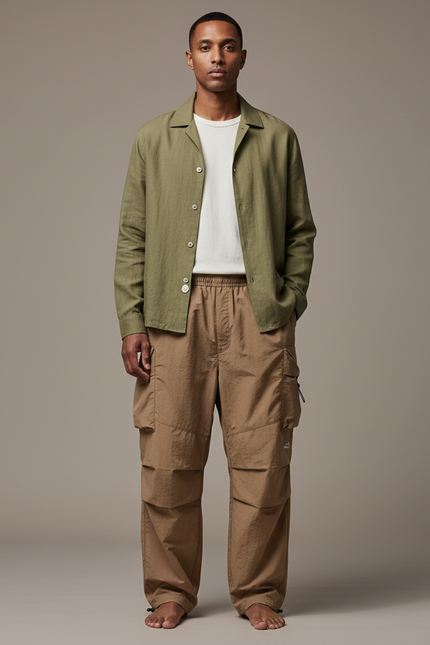 Pantalon Parachute Kaki Ample Cargo Homme - Polyester