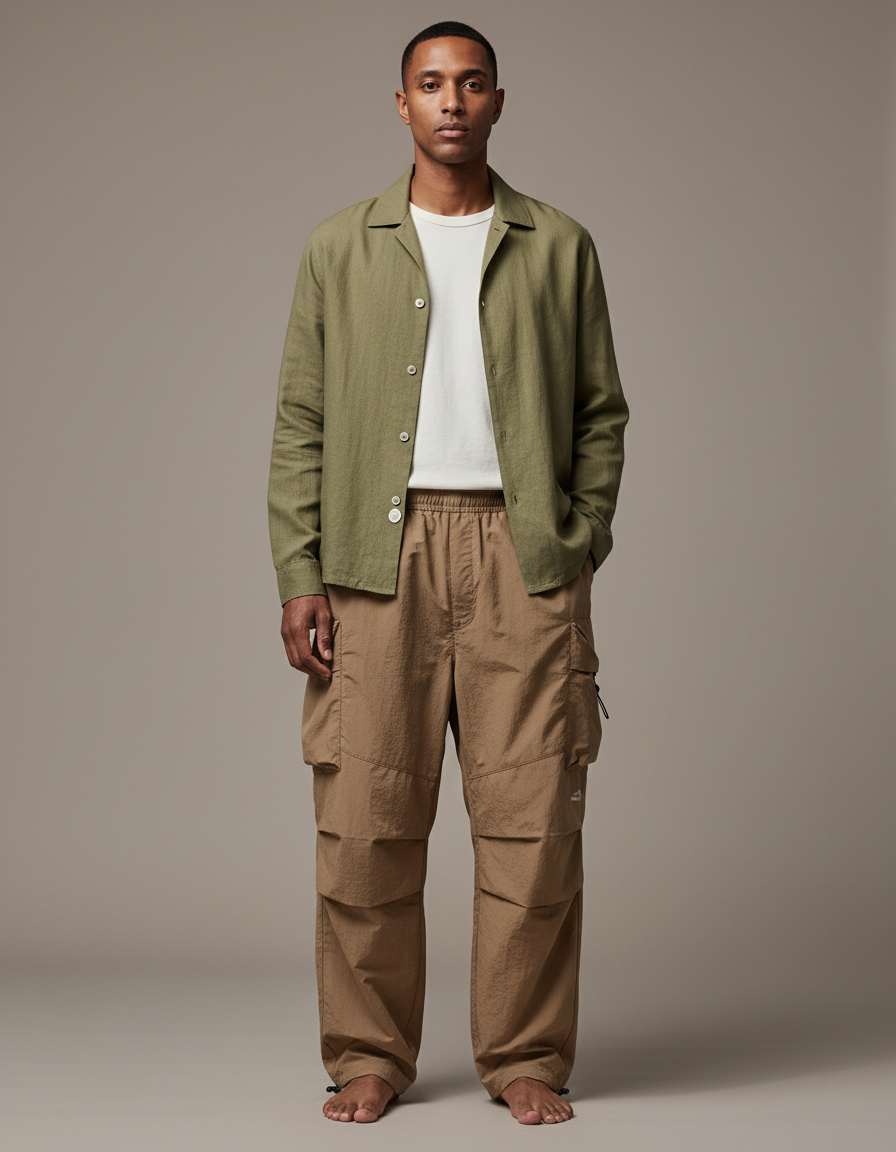 Pantalon Parachute Kaki Ample Cargo Homme - Polyester