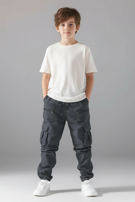 Pantalon Parachute Cargo Gris Cordon Ample Garçon - Gabardine