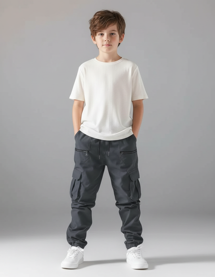 Pantalon Parachute Cargo Gris Cordon Ample Garçon - Gabardine
