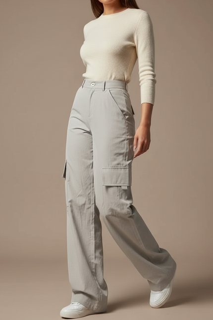 Pantalon Parachute Gris Cargo Ample Femme Décontracté - Polyester