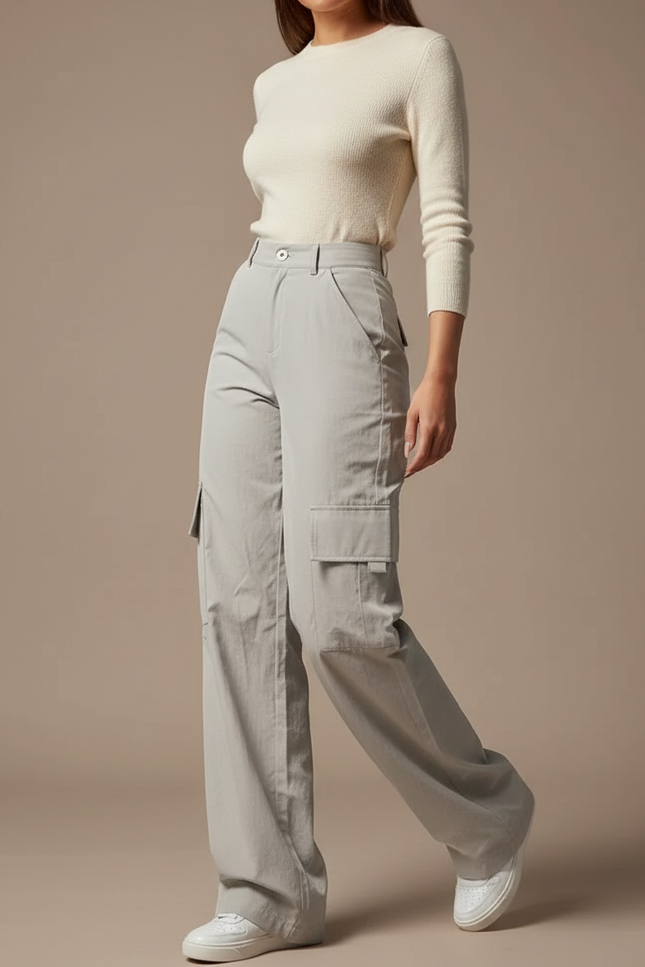 Pantalon Parachute Gris Cargo Ample Femme Décontracté - Polyester