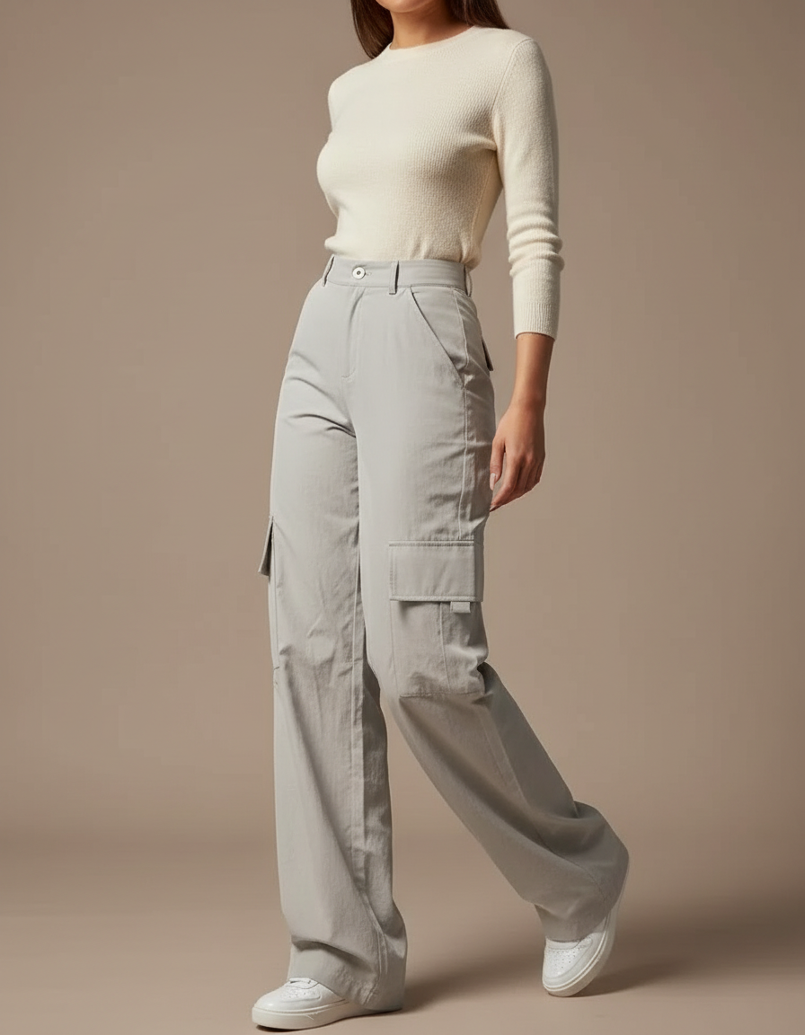 Pantalon Parachute Gris Cargo Ample Femme Décontracté - Polyester