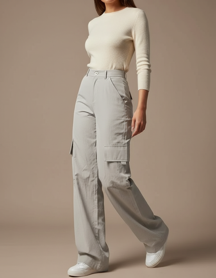 Pantalon Parachute Gris Cargo Ample Femme Décontracté - Polyester