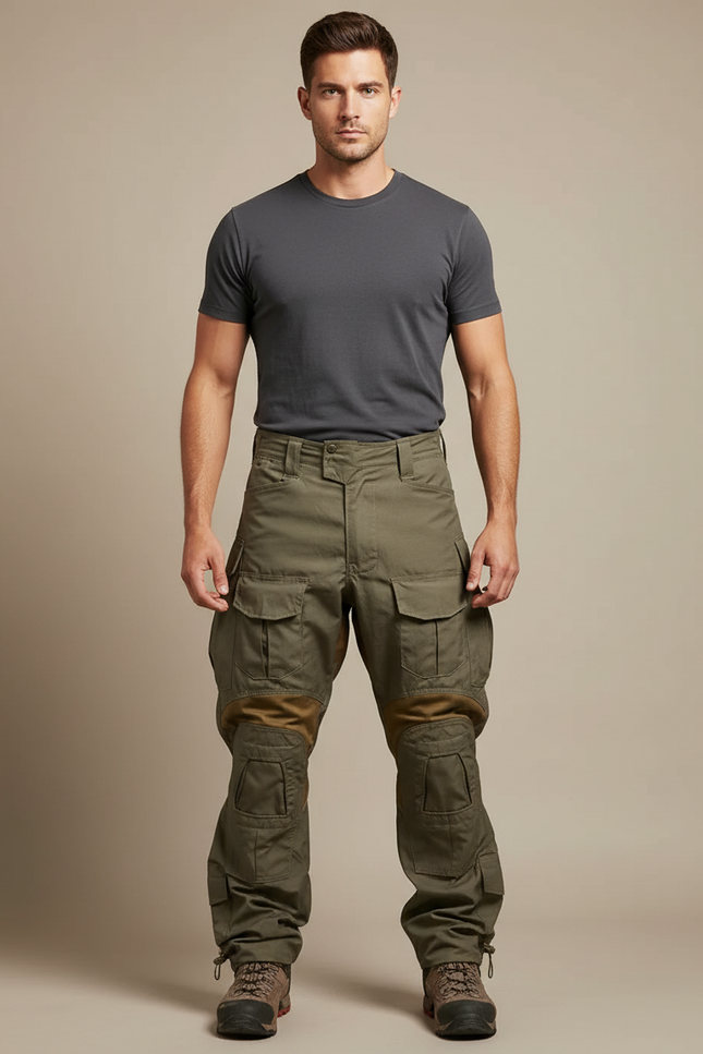 Pantalon Parachute Vert Militaire Cargo Renforcé Homme - Kaki Toile
