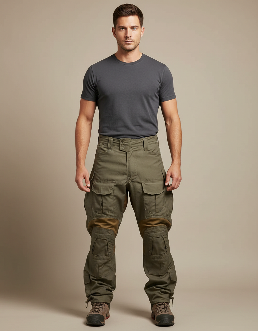 Pantalon Parachute Vert Militaire Cargo Renforcé Homme - Kaki Toile