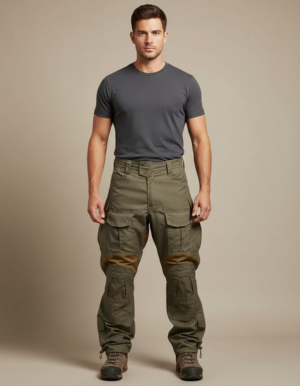 Pantalon Parachute Vert Militaire Cargo Renforcé Homme - Kaki Toile